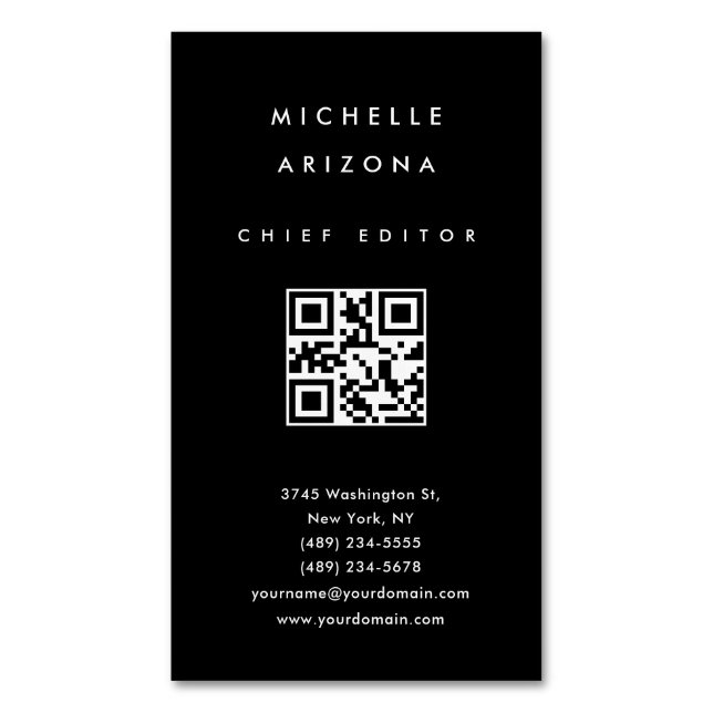 Minimalist Black Professional Scannable QR Code Magnetic Business Card (Front Vertical)