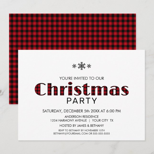 Minimalist Black Red Buffalo Plaid Christmas Party Invitation (Front/Back)