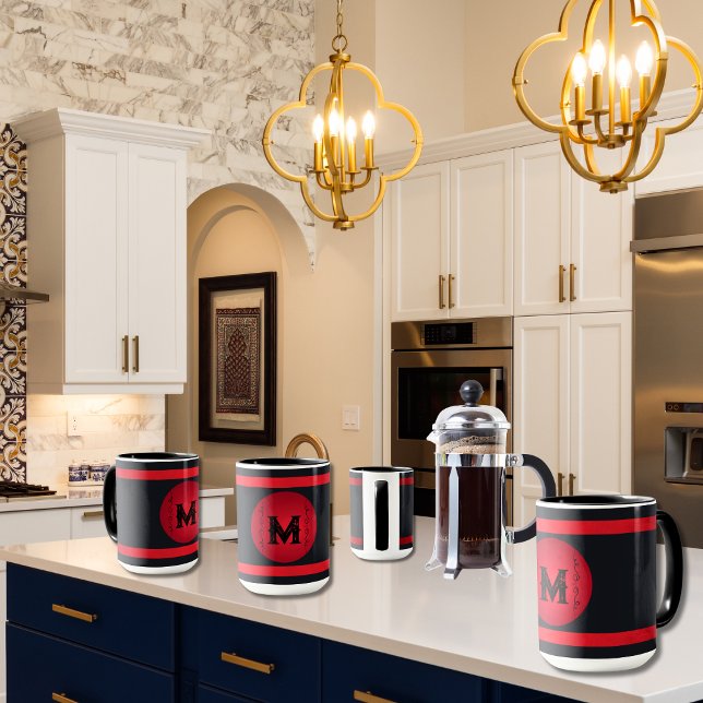 Minimalist Black Red Horizontal Stripes Initial Mug (Vivid red and black personalized initial with scrollwork mugs. Great as family gifts or businesses!)