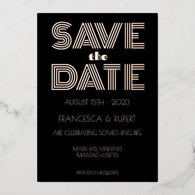 Minimalist Black Rose Gold Art Deco Save The Date (Front)