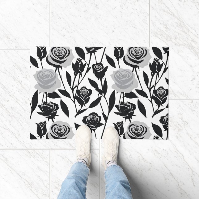 Minimalist Black Roses With Light Gray Stems  Doormat (Indoor)