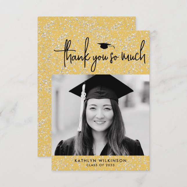 Minimalist Black Script Gold Glitter Photo GRAD Thank You Card (Front/Back)