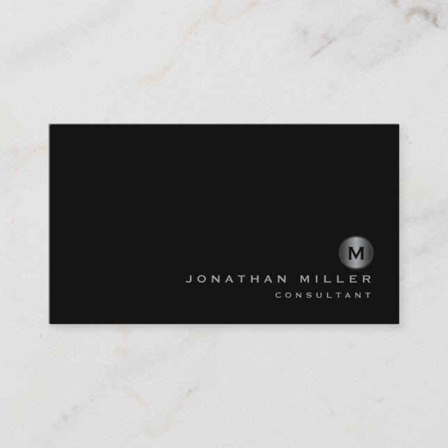 Minimalist Black Silver Monogram Business Card (Front)