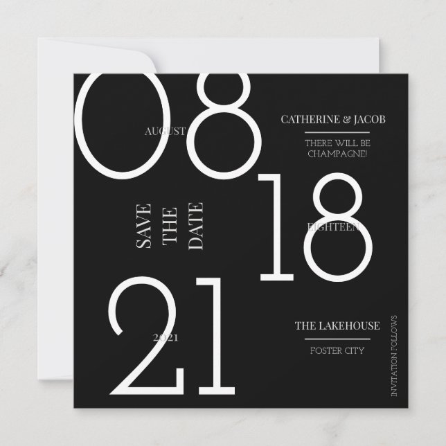 Minimalist Black Silver White Wedding  Save The Date (Front)