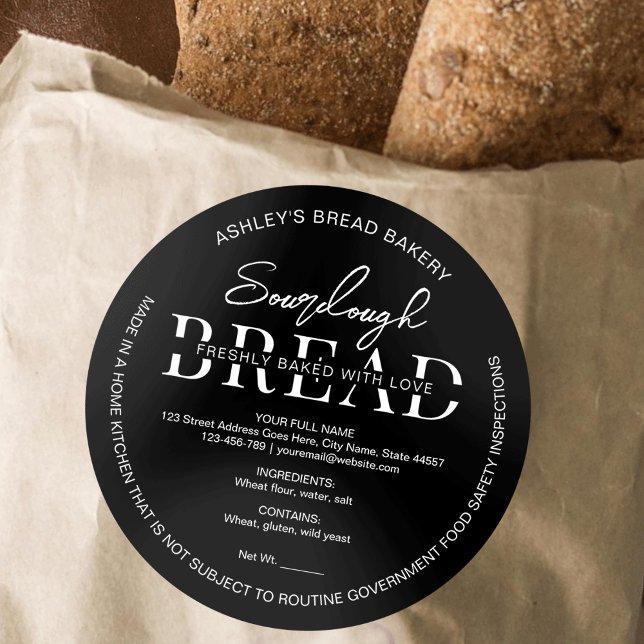 Minimalist Black Sourdough Bread Ingredients Classic Round Sticker (Modern minimalist black sourdough bread bakery cottage law labels with your address & details)