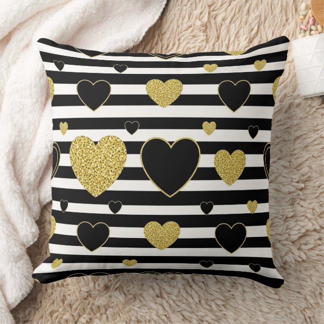 Minimalist Black Stripe Gold Heart Pattern Cushion (Blanket)