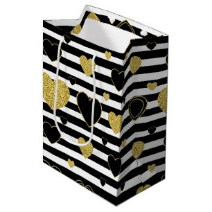 Minimalist Black Stripe Gold Heart Pattern Medium Gift Bag