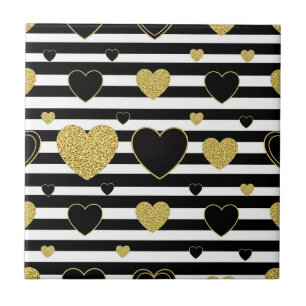 Minimalist Black Stripe Gold Heart Pattern Tile