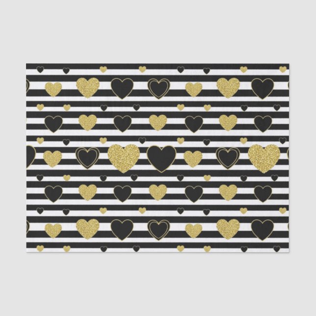 Minimalist Black Stripe Gold Heart Pattern Tissue Paper (Front)