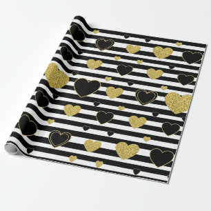 Minimalist Black Stripe Gold Heart Pattern Wrapping Paper