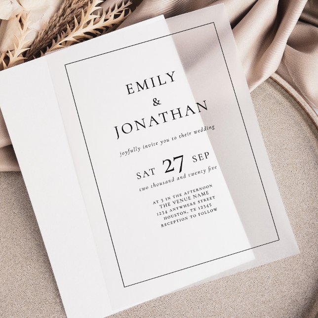 Minimalist Black Text Line Border Wedding Vellum Invitations (Creator Uploaded)