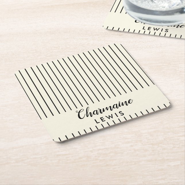 Minimalist black thin stripes personalised tan square paper coaster (Angled)