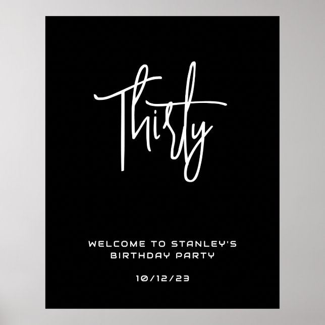Minimalist Black Thirty Birthday Welcome Sign (Front)
