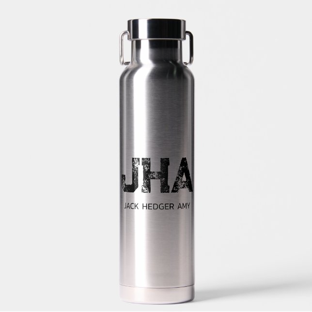 MINIMALIST BLACK THREE LETTER MONOGRAM NAME SILVER WATER BOTTLE (Front)