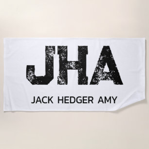 MINIMALIST BLACK THREE LETTER MONOGRAM NAME WHITE BEACH TOWEL