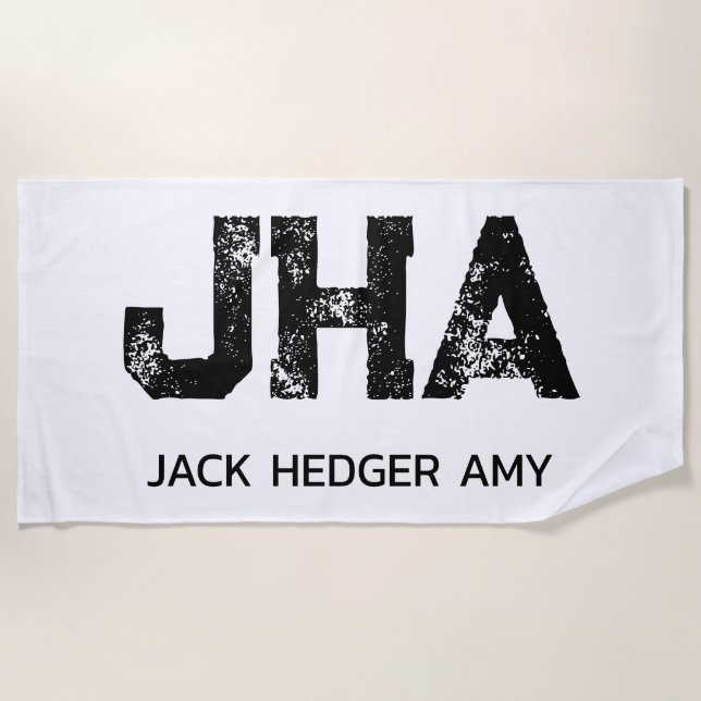 MINIMALIST BLACK THREE LETTER MONOGRAM NAME WHITE BEACH TOWEL (Front)