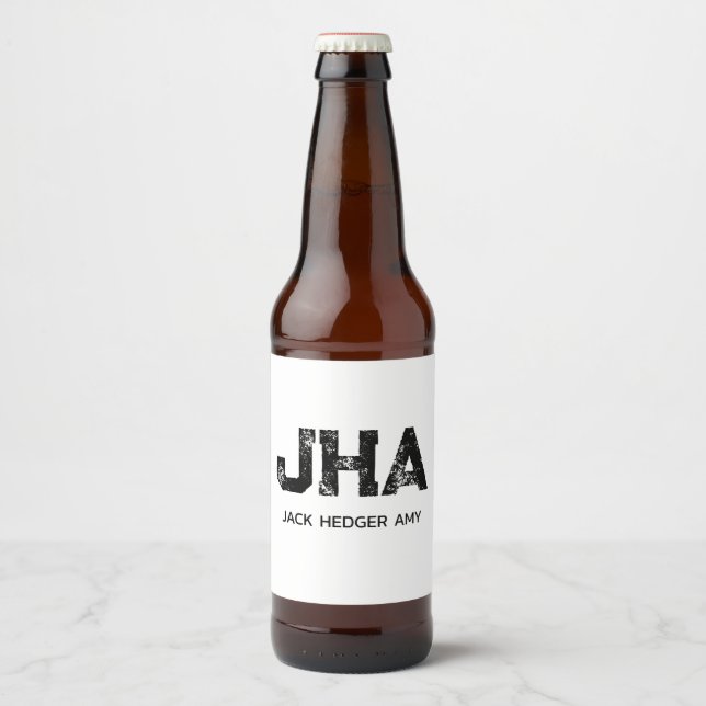 MINIMALIST BLACK THREE LETTER MONOGRAM NAME WHITE BEER BOTTLE LABEL (Front)