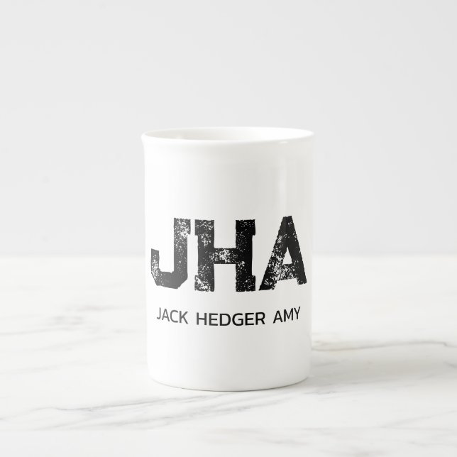 MINIMALIST BLACK THREE LETTER MONOGRAM NAME WHITE BONE CHINA MUG (Front)
