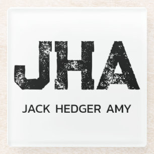 MINIMALIST BLACK THREE LETTER MONOGRAM NAME WHITE GLASS COASTER