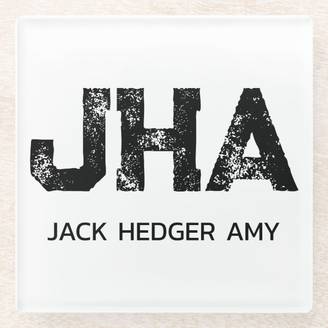MINIMALIST BLACK THREE LETTER MONOGRAM NAME WHITE GLASS COASTER (Front)