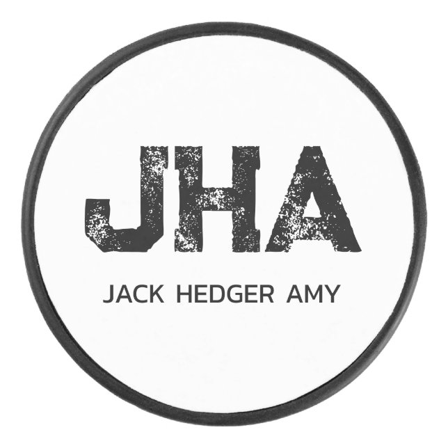 MINIMALIST BLACK THREE LETTER MONOGRAM NAME WHITE HOCKEY PUCK (Front)