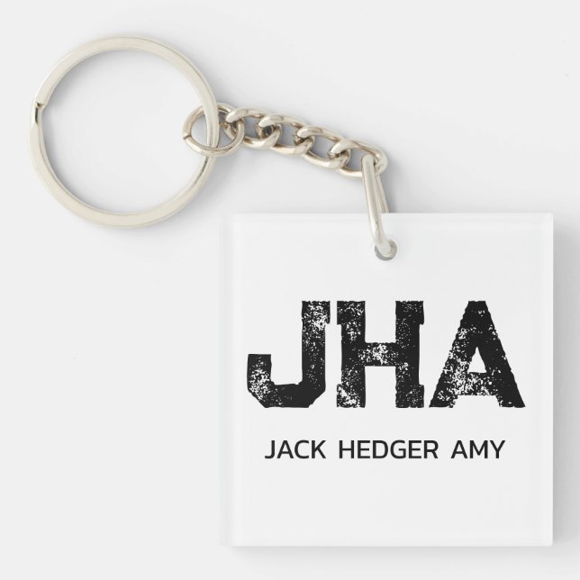 MINIMALIST BLACK THREE LETTER MONOGRAM NAME WHITE KEY RING (Front)