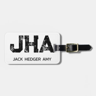 MINIMALIST BLACK THREE LETTER MONOGRAM NAME WHITE LUGGAGE TAG