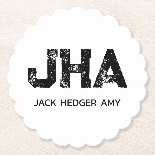 MINIMALIST BLACK THREE LETTER MONOGRAM NAME WHITE PAPER COASTER (Front)