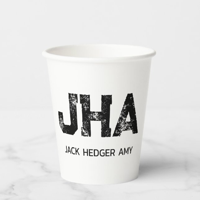 MINIMALIST BLACK THREE LETTER MONOGRAM NAME WHITE PAPER CUPS (Front)