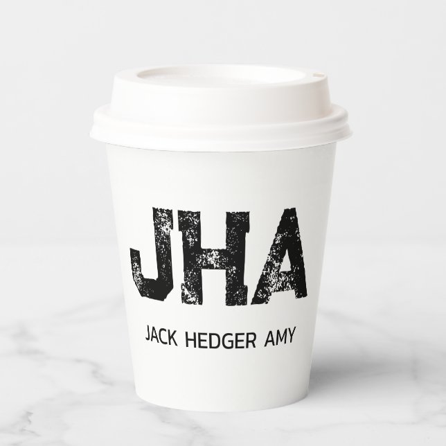 MINIMALIST BLACK THREE LETTER MONOGRAM NAME WHITE PAPER CUPS (Front)