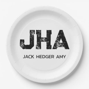 MINIMALIST BLACK THREE LETTER MONOGRAM NAME WHITE PAPER PLATE