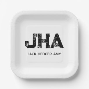 MINIMALIST BLACK THREE LETTER MONOGRAM NAME WHITE PAPER PLATE