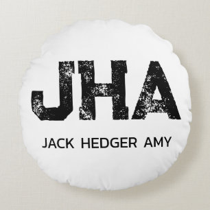 MINIMALIST BLACK THREE LETTER MONOGRAM NAME WHITE ROUND CUSHION