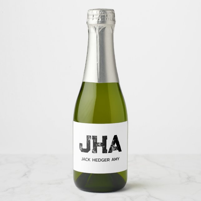 MINIMALIST BLACK THREE LETTER MONOGRAM NAME WHITE SPARKLING WINE LABEL (Front)