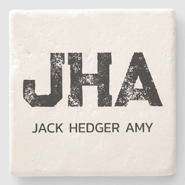 MINIMALIST BLACK THREE LETTER MONOGRAM NAME WHITE STONE COASTER (Front)
