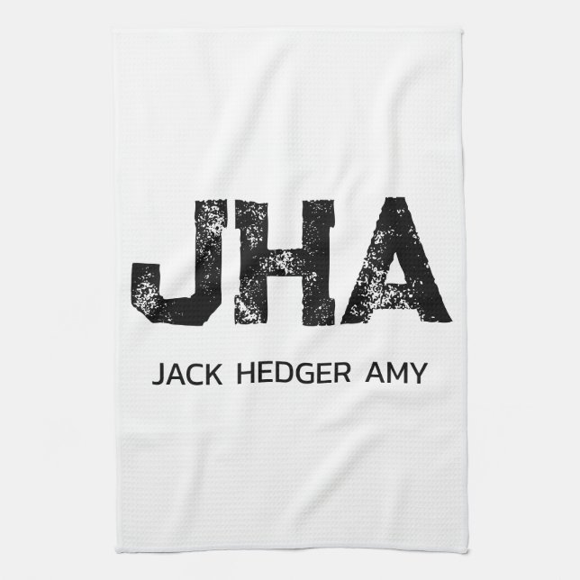 MINIMALIST BLACK THREE LETTER MONOGRAM NAME WHITE TEA TOWEL (Vertical)