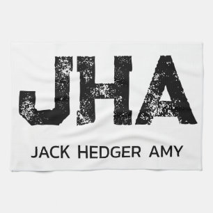 MINIMALIST BLACK THREE LETTER MONOGRAM NAME WHITE TEA TOWEL