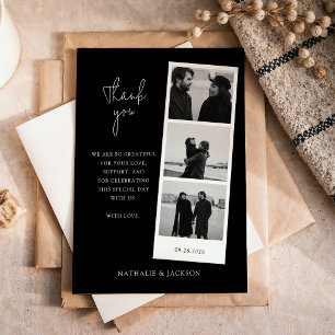Minimalist Black Three Photo Strip Couple Wedding Thank You Card
