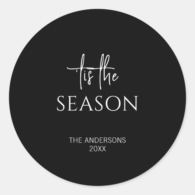 Minimalist Black Tis The Season Christmas Holiday Classic Round Sticker (Front)