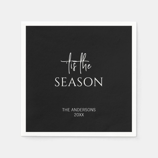 Minimalist Black Tis The Season Christmas Holiday Napkin (Front)