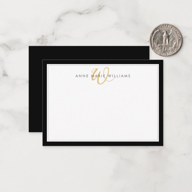 Minimalist Black Two Border Gold Monogram Card (Front/Back In Situ)
