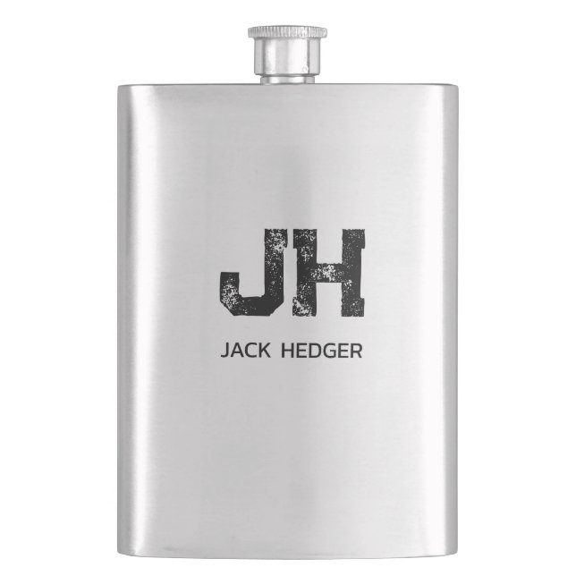 MINIMALIST BLACK TWO LETTER MONOGRAM NAME ASH HIP FLASK (Front)