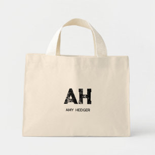 MINIMALIST BLACK TWO LETTER MONOGRAM NAME NATURAL MINI TOTE BAG