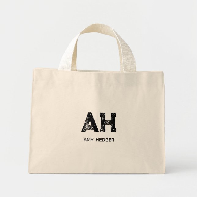MINIMALIST BLACK TWO LETTER MONOGRAM NAME NATURAL MINI TOTE BAG (Front)