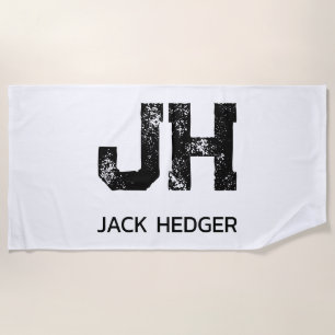 MINIMALIST BLACK TWO LETTER MONOGRAM NAME WHITE BEACH TOWEL