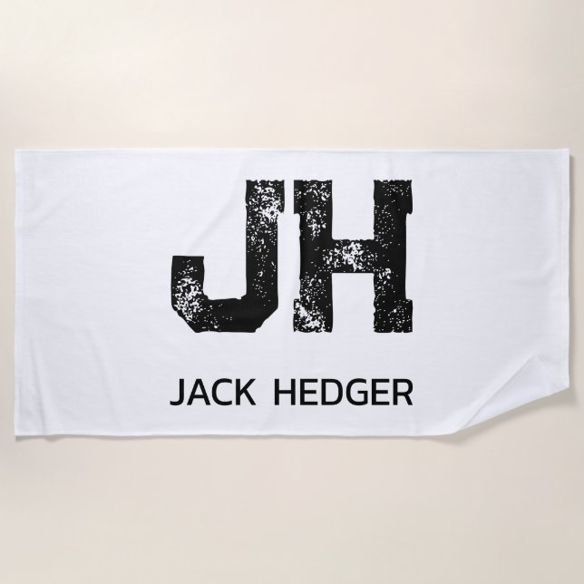 MINIMALIST BLACK TWO LETTER MONOGRAM NAME WHITE BEACH TOWEL (Front)