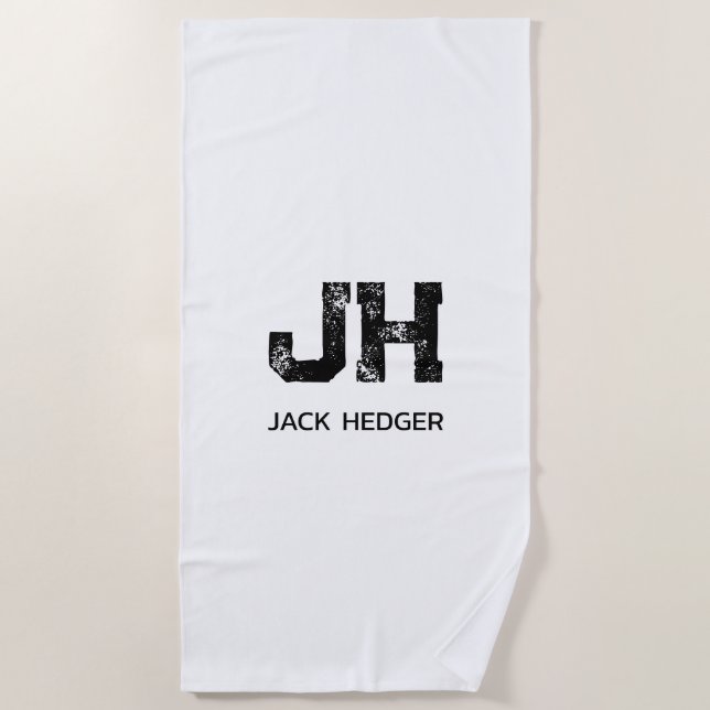 MINIMALIST BLACK TWO LETTER MONOGRAM NAME WHITE BEACH TOWEL (Front)
