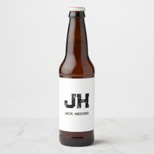 MINIMALIST BLACK TWO LETTER MONOGRAM NAME WHITE BEER BOTTLE LABEL