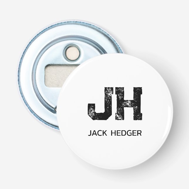 MINIMALIST BLACK TWO LETTER MONOGRAM NAME WHITE BOTTLE OPENER (Front)