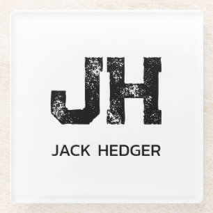 MINIMALIST BLACK TWO LETTER MONOGRAM NAME WHITE GLASS COASTER
